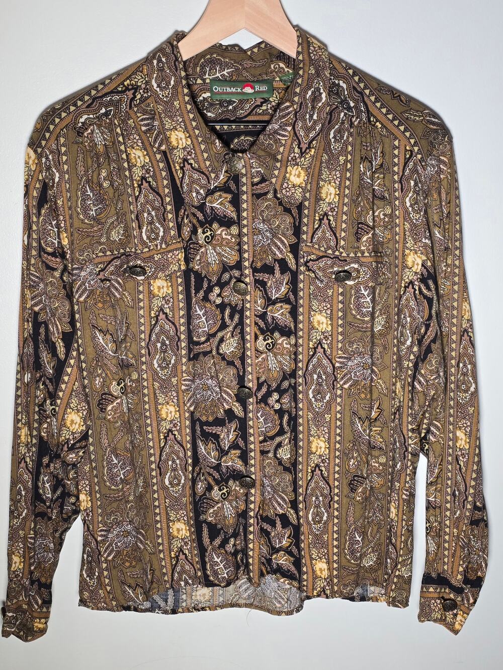 Vintage 90s Outback Red Paisley Rayon Blouse Women’s M Metal Buttons